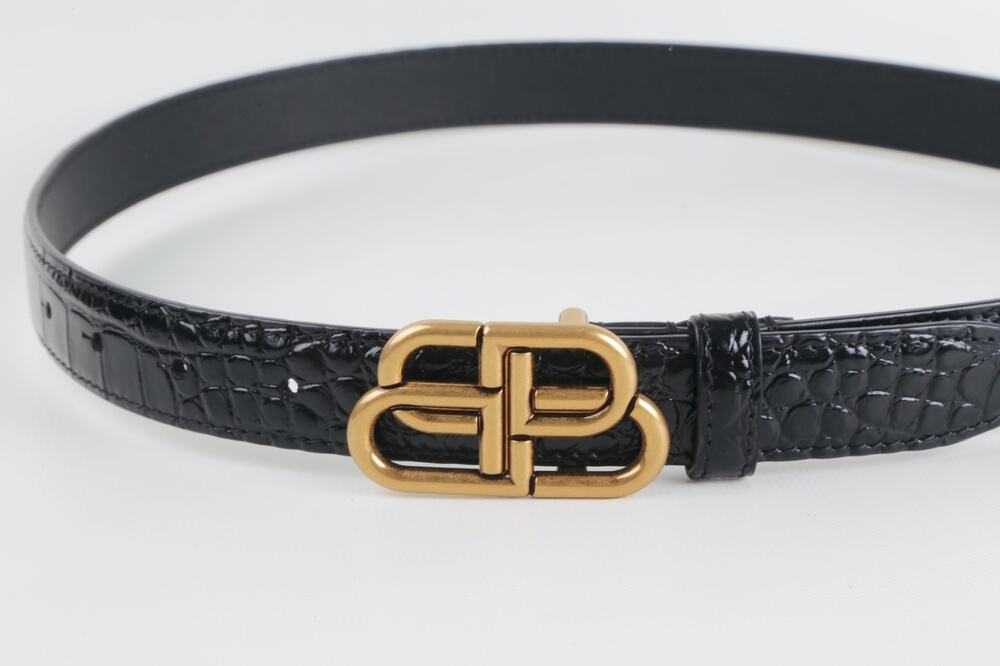 Balenciaga Black Croc Embossed Leather BB Logo Belt Antique Gold Hardware 80
